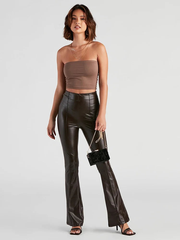 Pantalon Évasé Taille Haute en Similicuir Mat