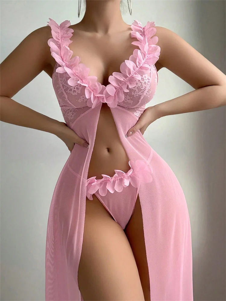 Nuisette Rose Femme – Dentelle Florale et Maille Transparente