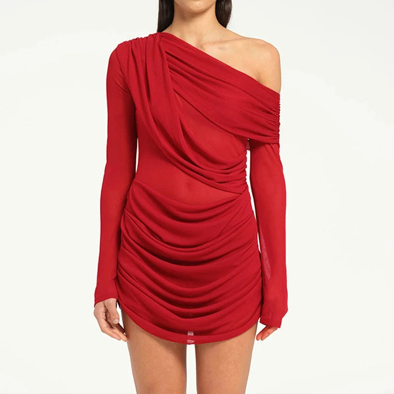 Robe de Soirée Femme – Maille Drapée et Col Asymétrique