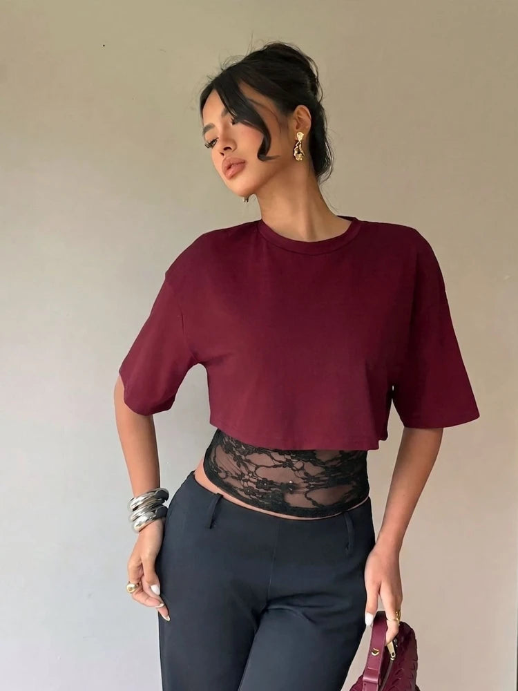 T-shirt Col Montant Femme – Effet Deux Pièces et Dentelle