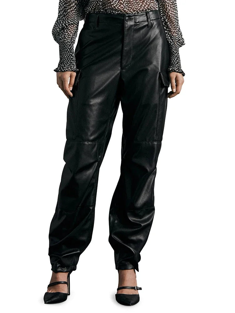Pantalon Cargo Droit en Similicuir Mat à Poches