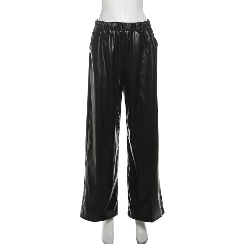 Pantalon large femme en simili cuir PU à taille élastique
