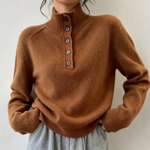 Pull Épais Femme – Col Montant et Demi-Boutonnage