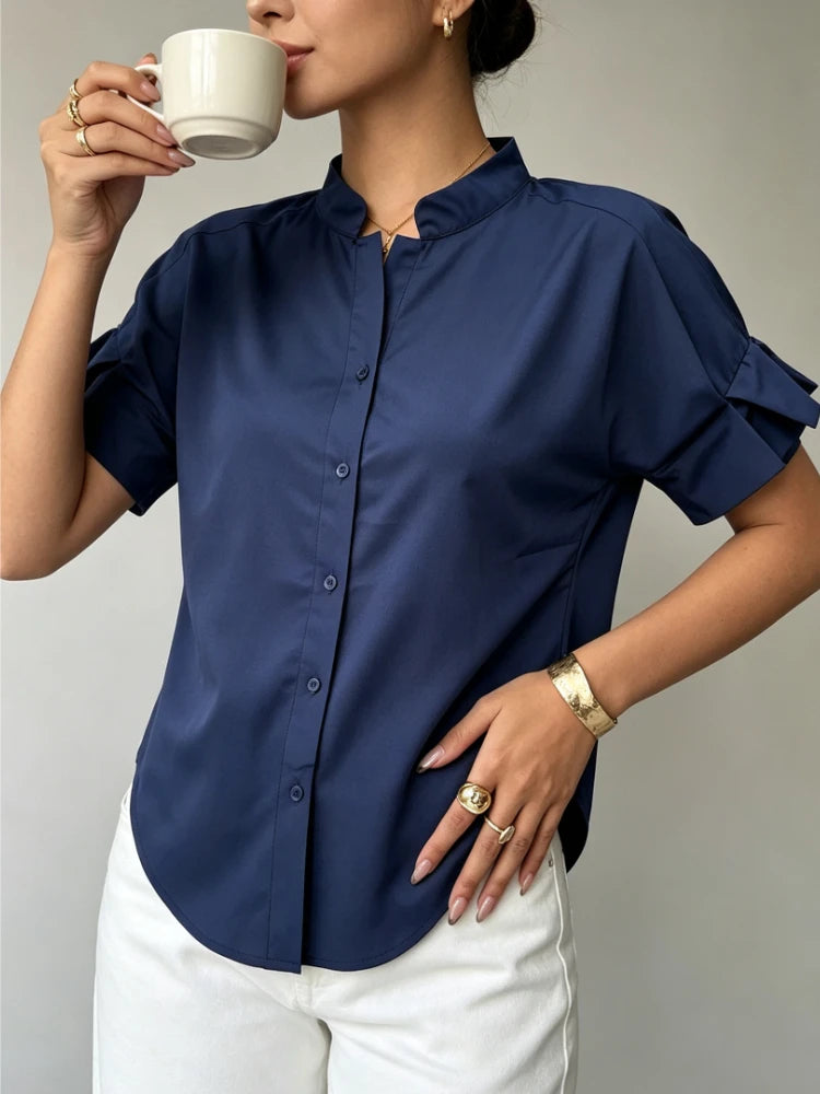 Chemisier Bleu Marine Femme – Col Montant et Manches Courtes