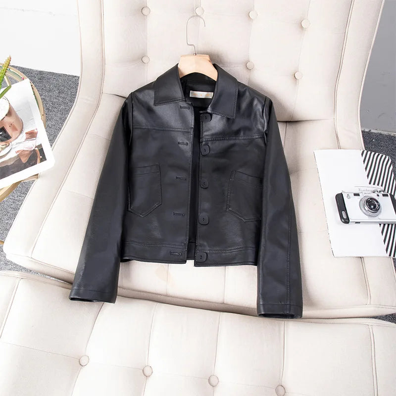 Veste courte femme en simili cuir style coréen
