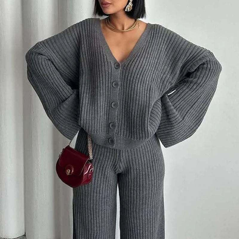 Ensemble femme décontracté en maille côtelée
