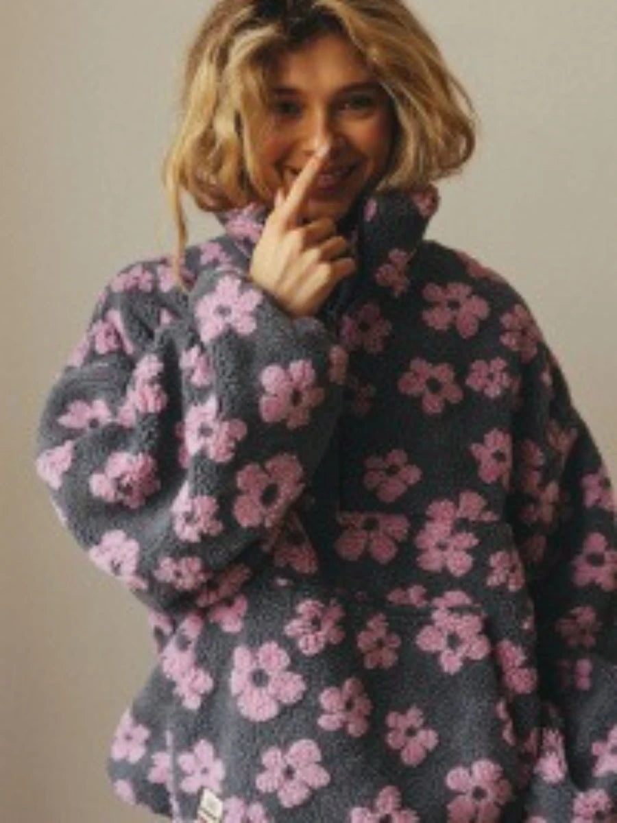 Sweat à Capuche Sherpa Femme – Fleurs et Demi-Zip