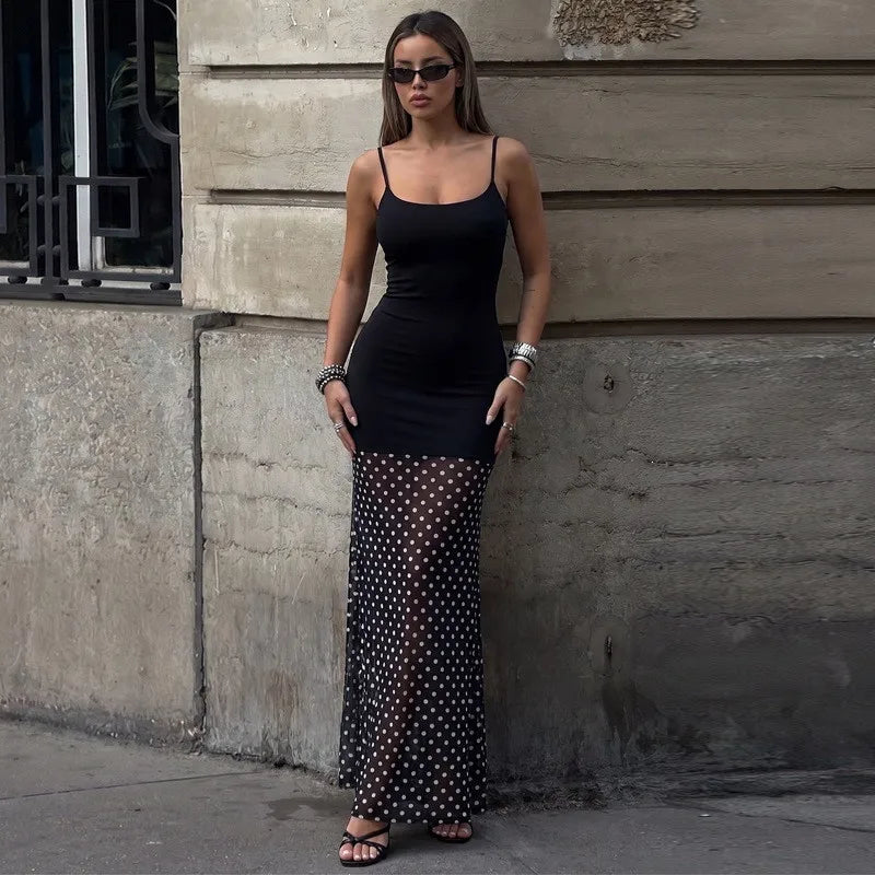 Robe longue femme à pois et fines bretelles