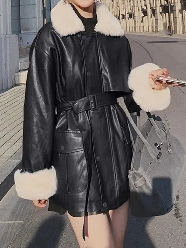 Blouson femme noir en simili cuir à col fourrure et ceinture