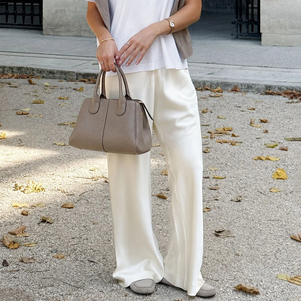 Pantalon Large Femme – Satin Beige Fluide