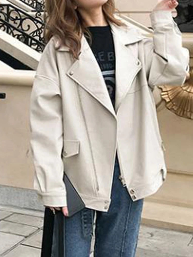 Blouson femme beige en simili cuir pour l'automne