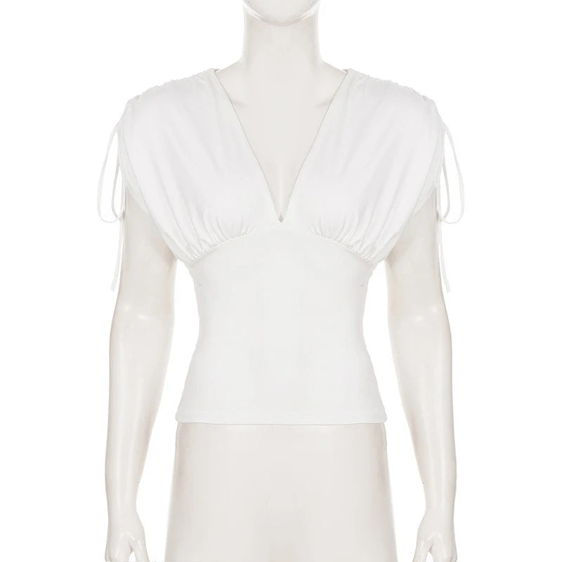 T-Shirt Femme – Col V, Fronces et Laçage