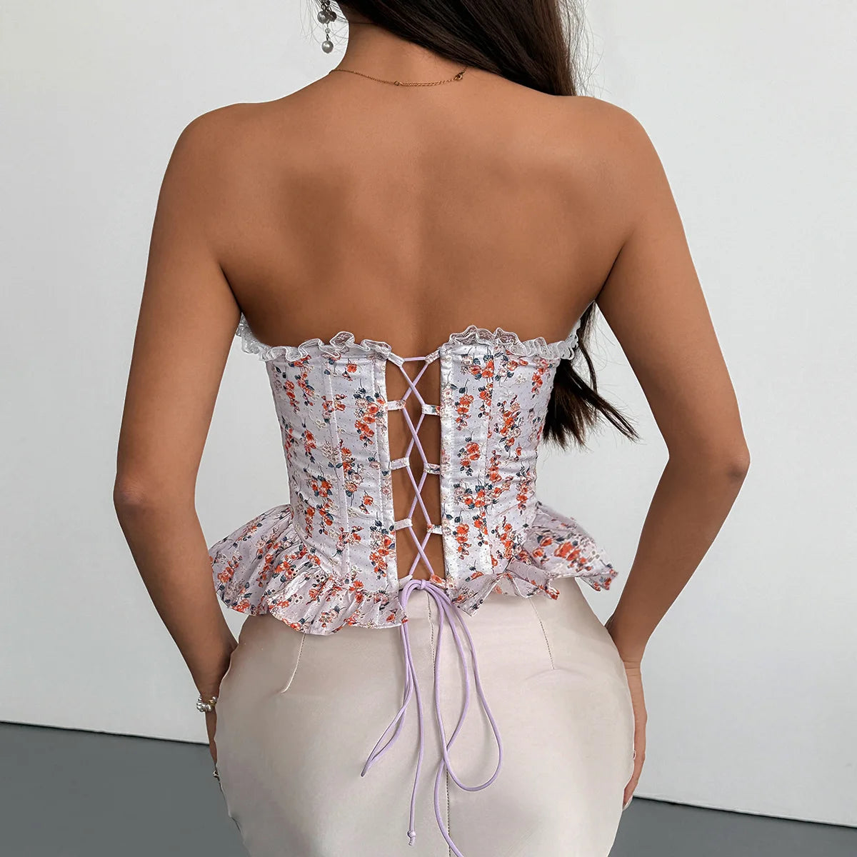 Débardeur Corset Femme – Dentelle Imprimée Sans Bretelles