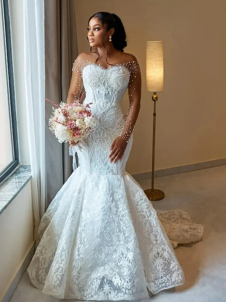 Robes de mariée sirène à col rond pour femmes