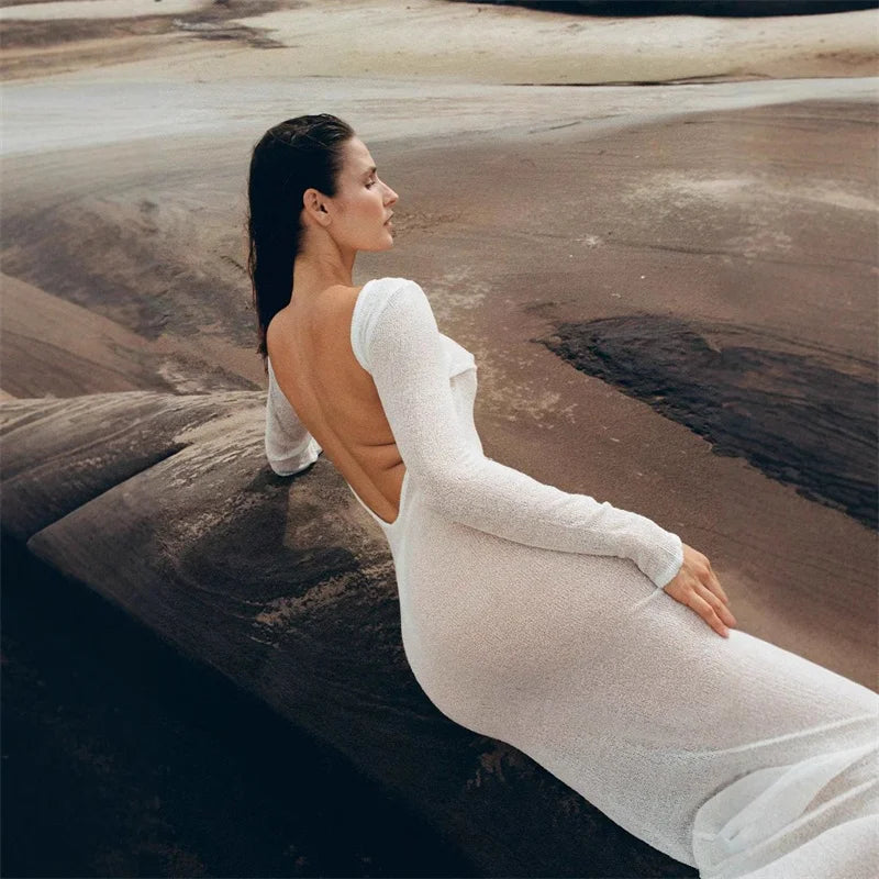 Robe longue à manches longues et dos nu pour femmes