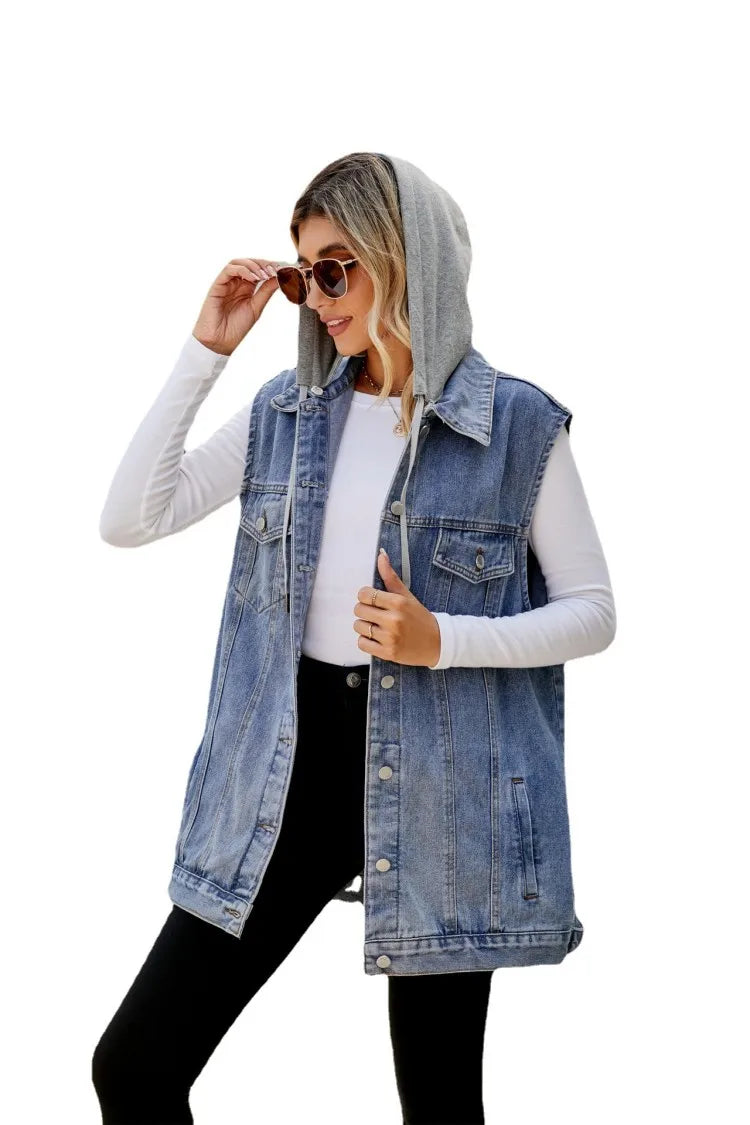 Gilet en jean sans manches et à capuche pour femmes