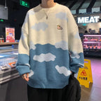 Pull tendance bleu ciel imprimé vache et nuages pour femmes