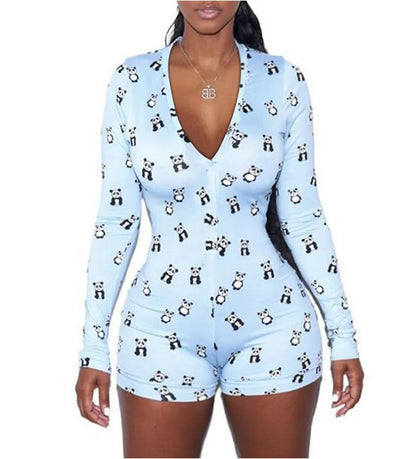 Combishort pyjama femme extensible à imprimé panda bleu
