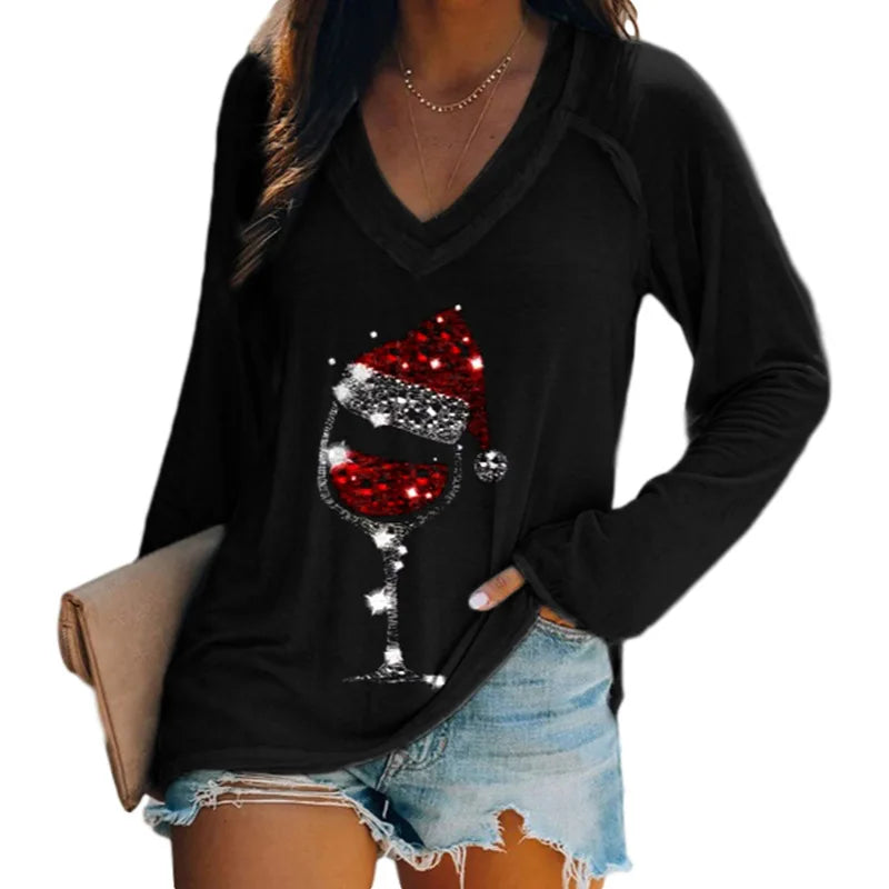 T-shirt femme manches longues col V à motif verre de vin rouge