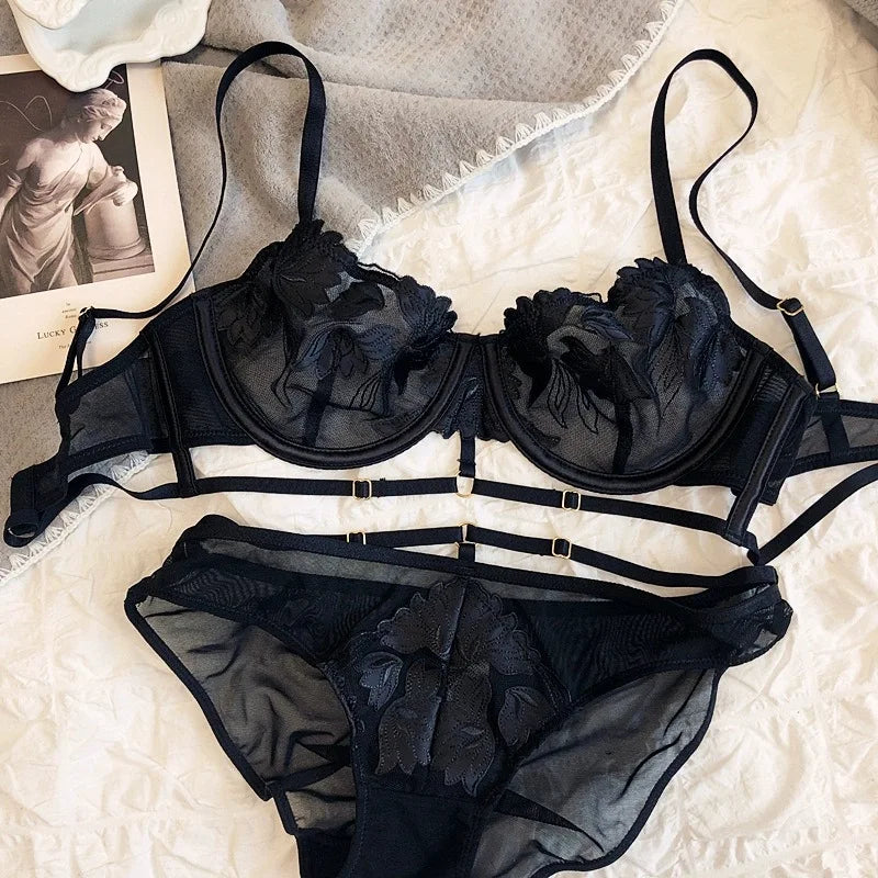 Soutien-gorge et culotte transparents en dentelle fine pour femmes