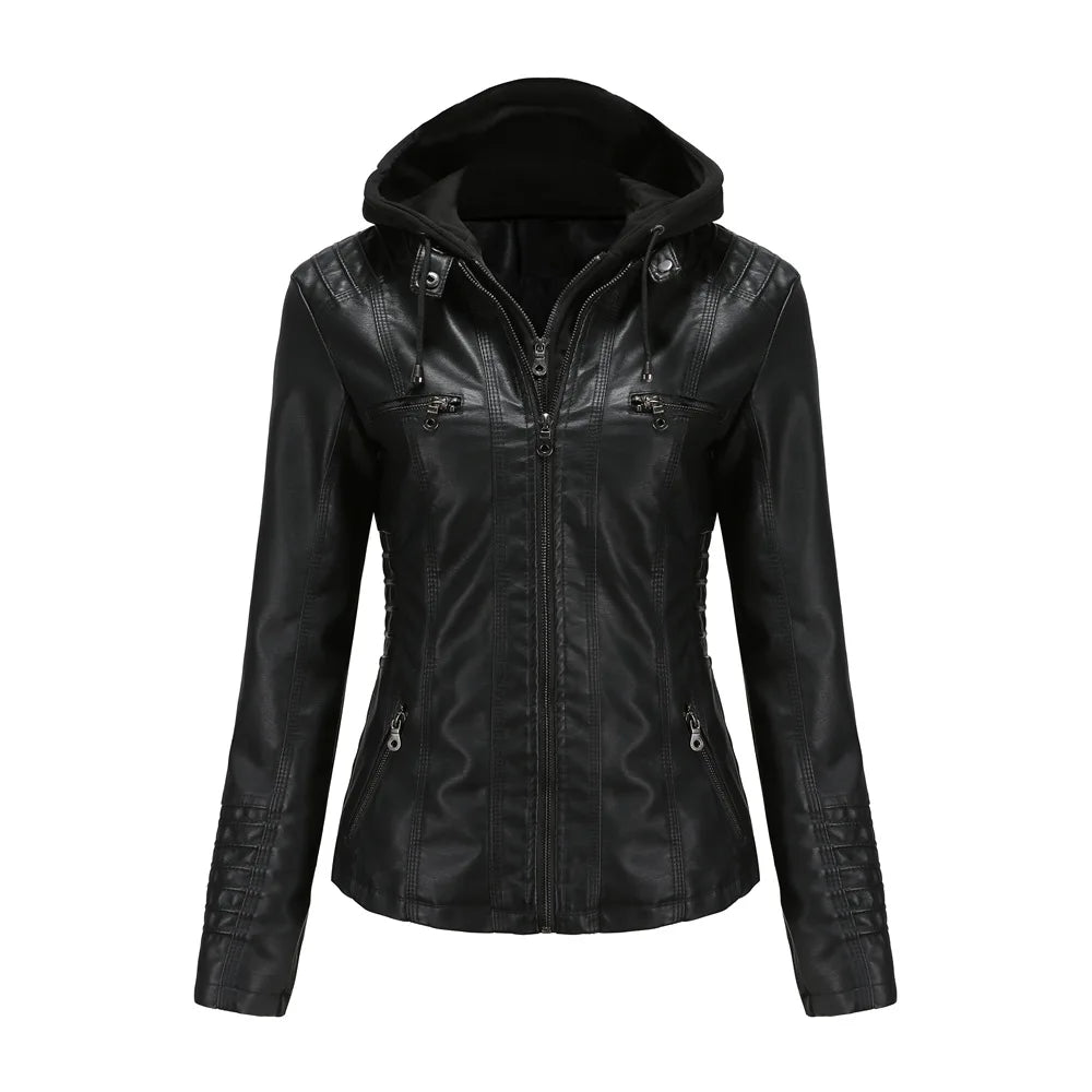 Veste en cuir PU amovible à capuche pour femmes
