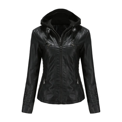 Veste Femme Effet Cuir PU – Capuche Amovible