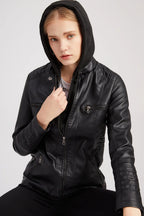 Veste en cuir PU amovible à capuche pour femmes