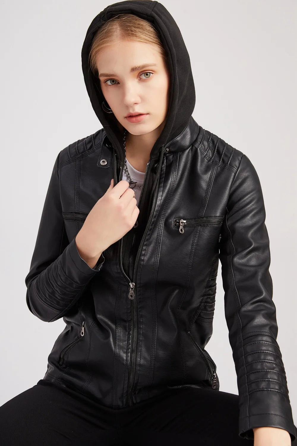Veste en cuir PU amovible à capuche pour femmes