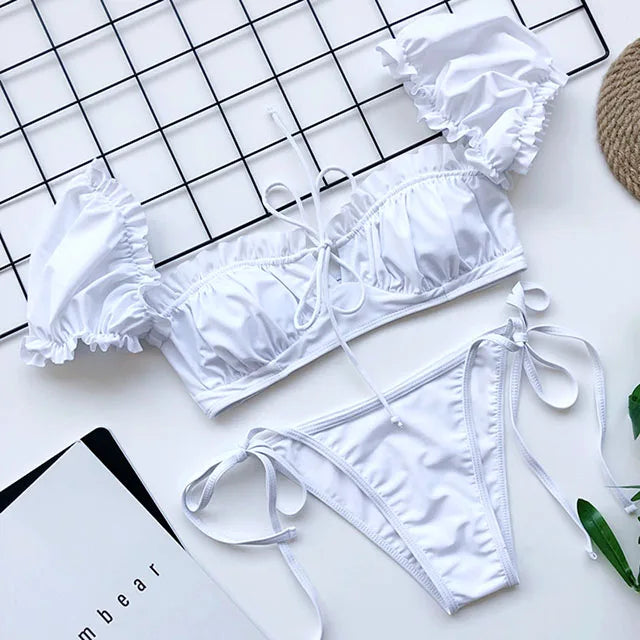Maillot de bain deux pièces à manches courtes et à volants pour femmes