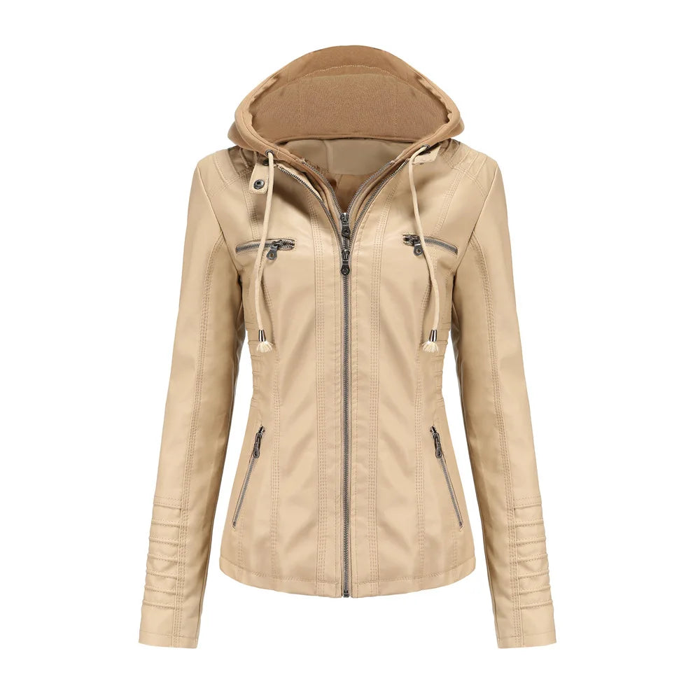 Veste en cuir PU amovible à capuche pour femmes