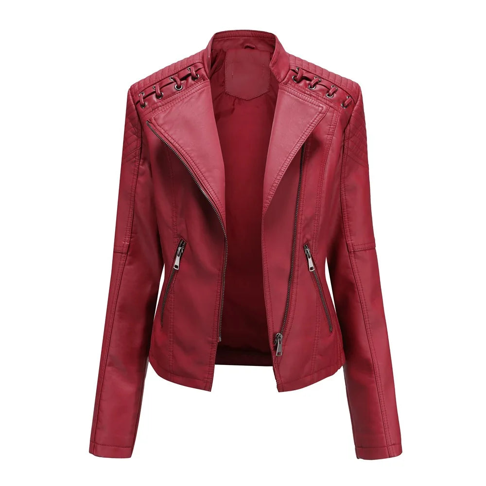 Veste en similicuir, coupe courte, manches longues pour femmes