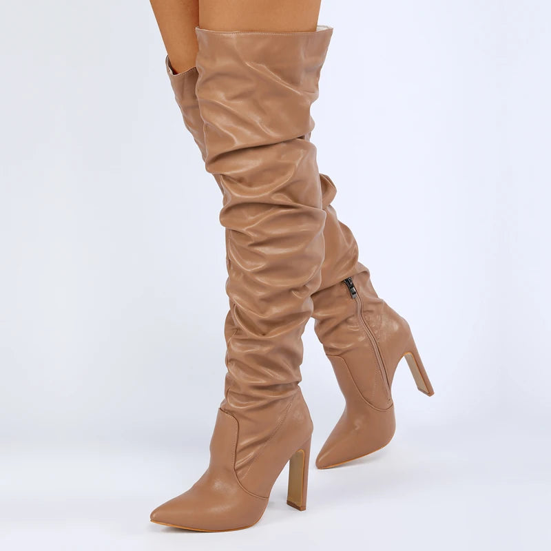 Botte cuissardes plissées mode bout pointu pour femmes