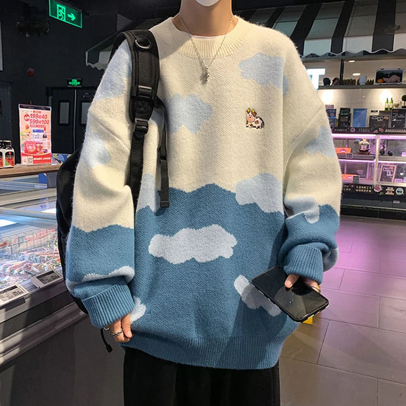 Pull tendance bleu ciel imprimé vache et nuages pour femmes