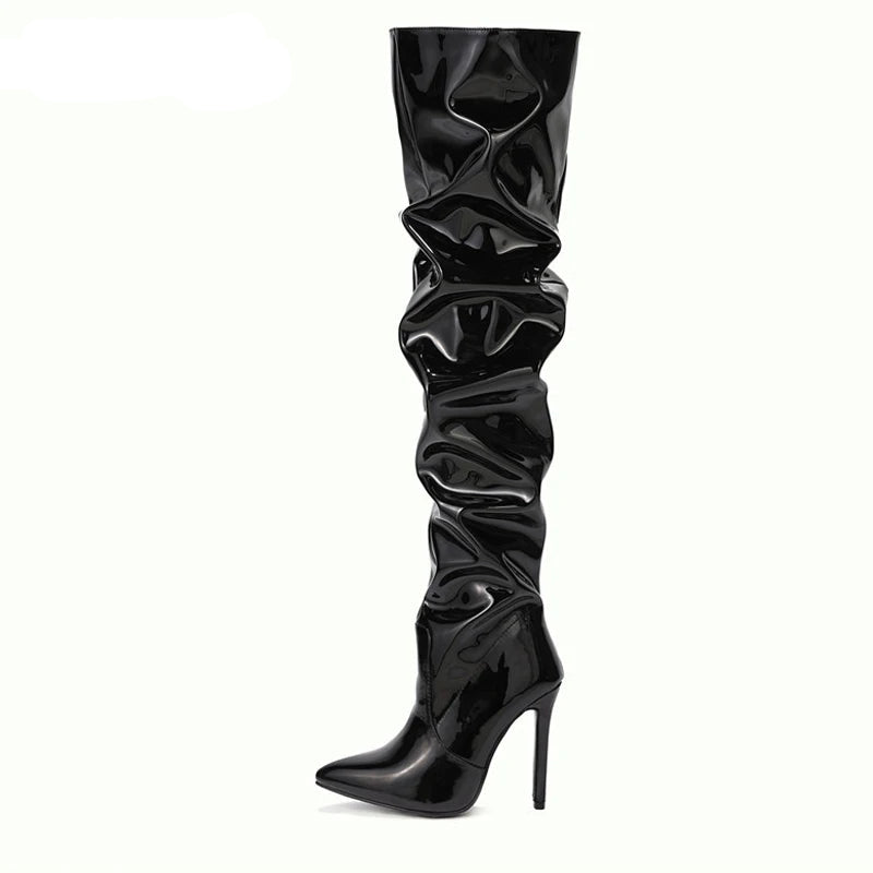 Bottes cuissardes  en cuir verni plissé de haute qualité pour femmes