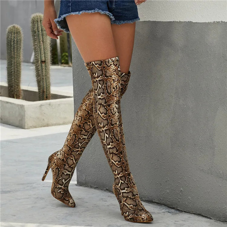 Cuissardes léopard à talons hauts pour femmes