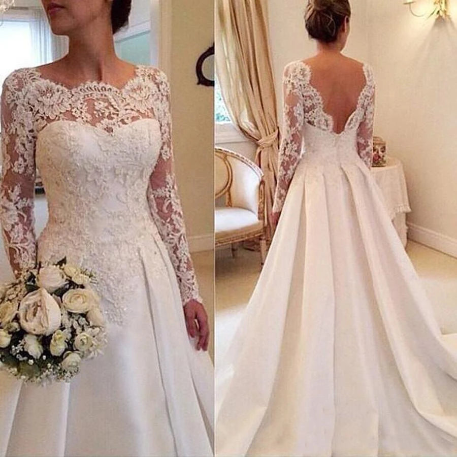 Robe de mariée trapèze classique à manches longues pour femmes