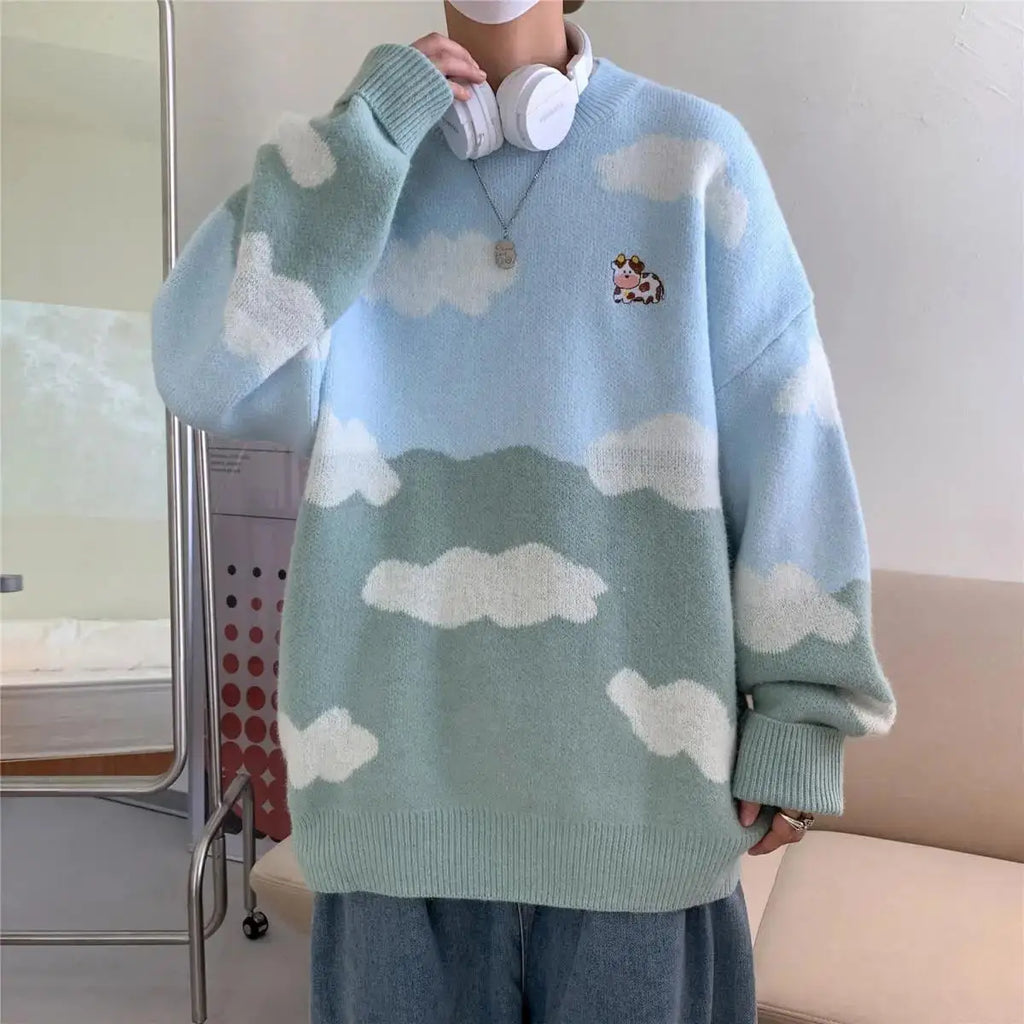 Pull tendance bleu ciel imprimé vache et nuages pour femmes