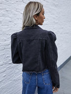 Veste en jean courte à manches longues bouffantes vintage pour femmes