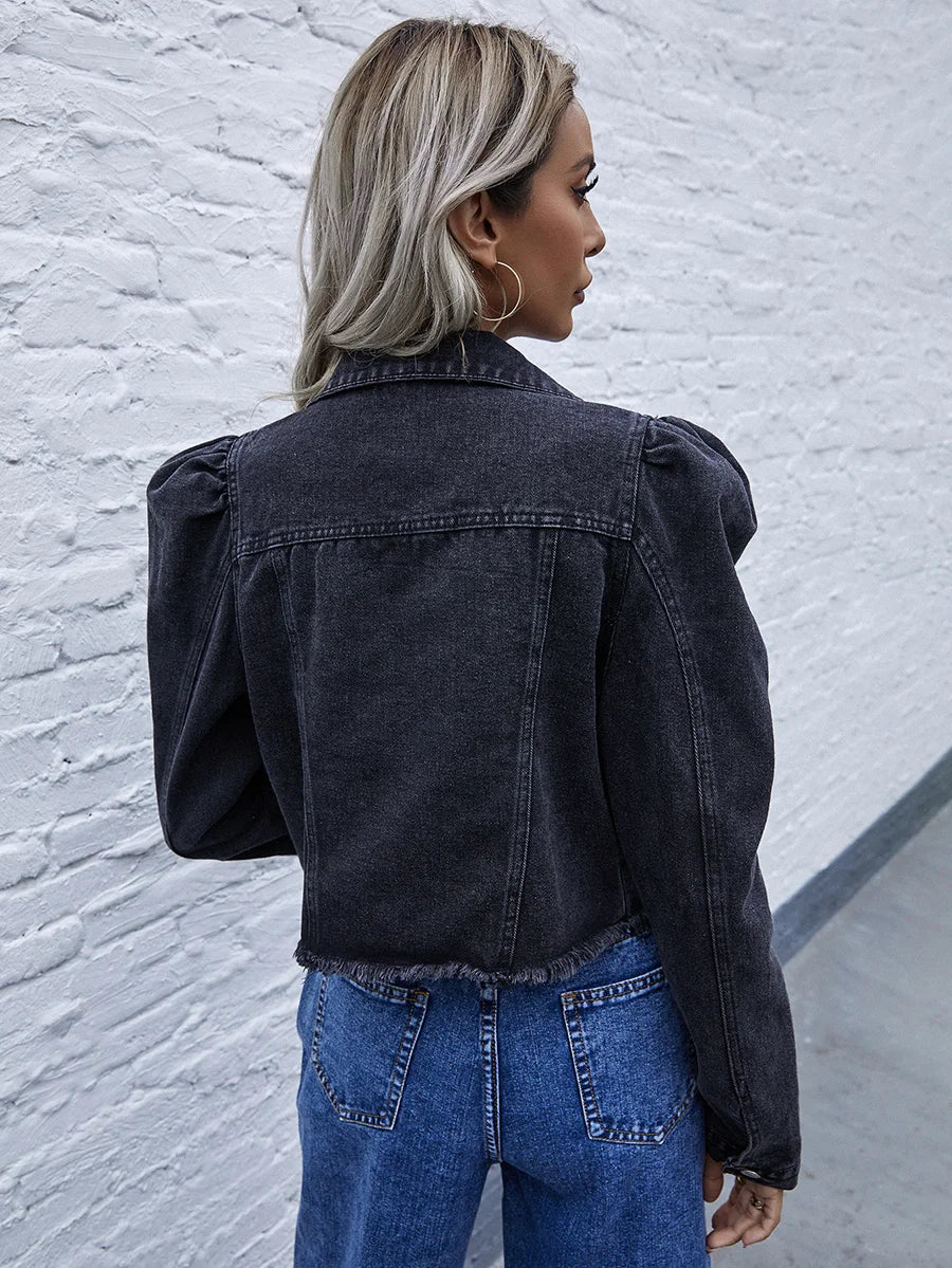 Veste en jean courte à manches longues bouffantes vintage pour femmes