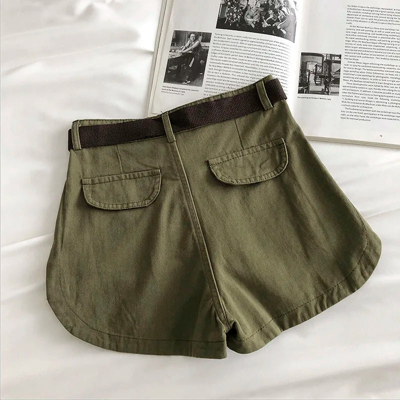 Short en jean vert Style Safari pour femmes