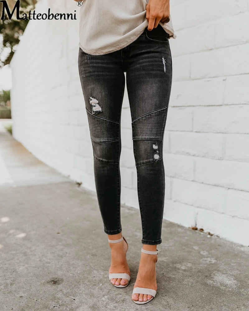 Pantalon en jean décontracté déchiré pour femmes