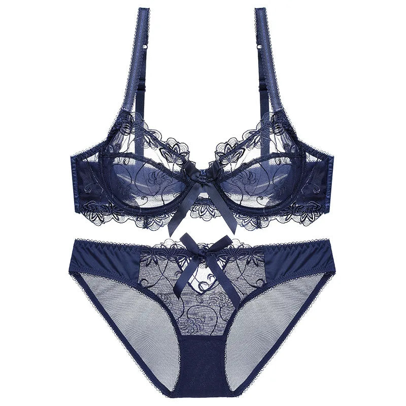 Ensemble de sous soutien-gorge et culotte transparent en dentelle brodée pour femmes