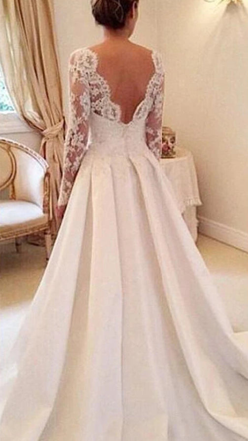 Robe de mariée trapèze classique à manches longues pour femmes