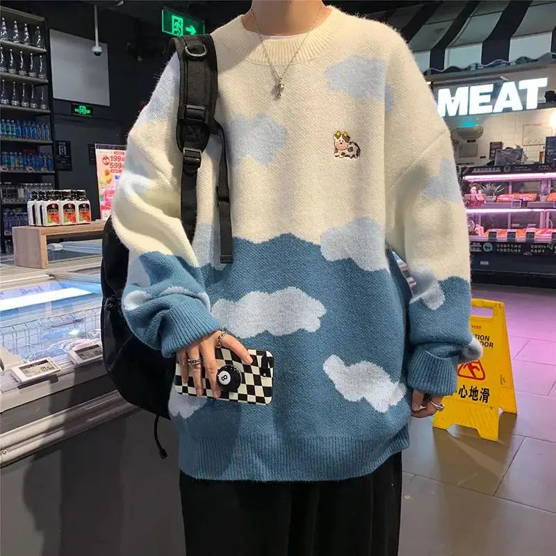Pull tendance bleu ciel imprimé vache et nuages pour femmes