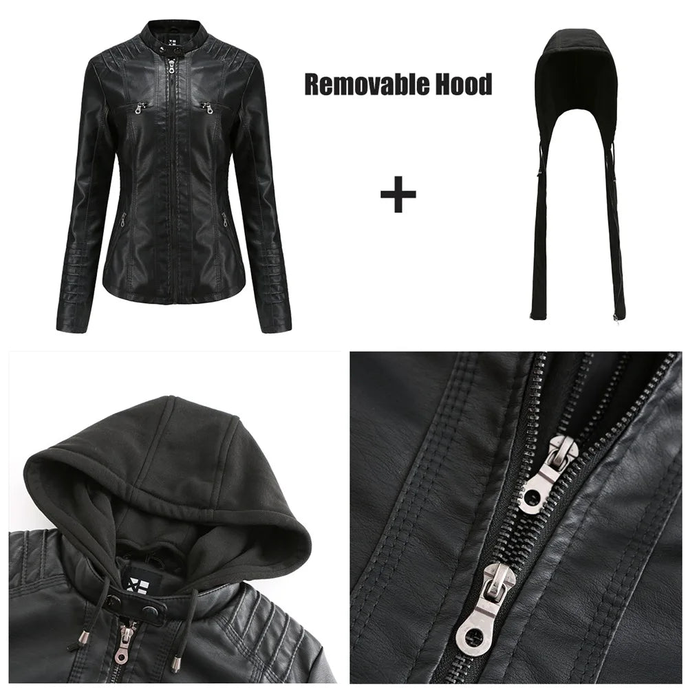 Veste en cuir PU amovible à capuche pour femmes