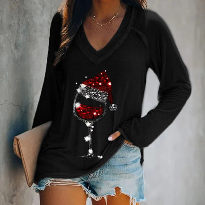 T-shirt femme manches longues col V à motif verre de vin rouge