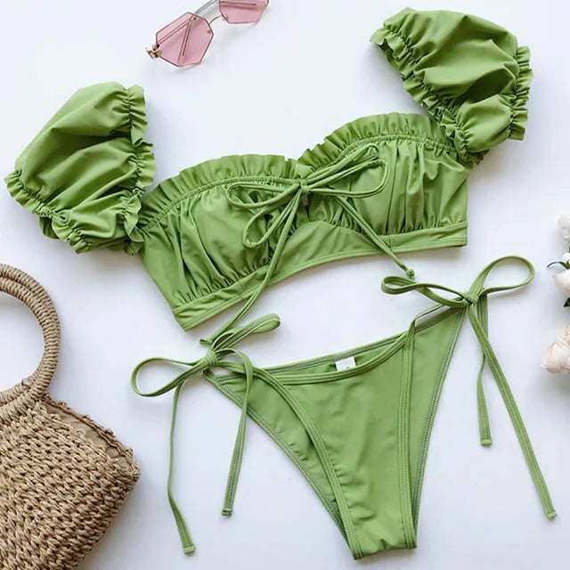 Maillot de bain deux pièces à manches courtes et à volants pour femmes