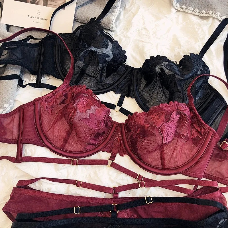 Soutien-gorge et culotte transparents en dentelle fine pour femmes