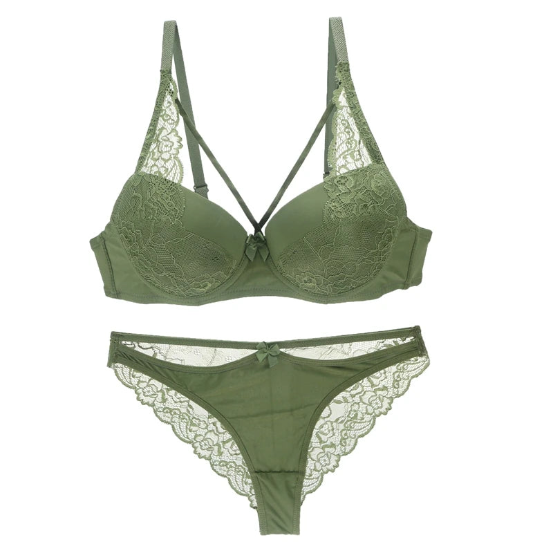 Ensemble soutien-gorge push-up sans coutures en dentelle 3/4 bonnet et culotte pour femmes