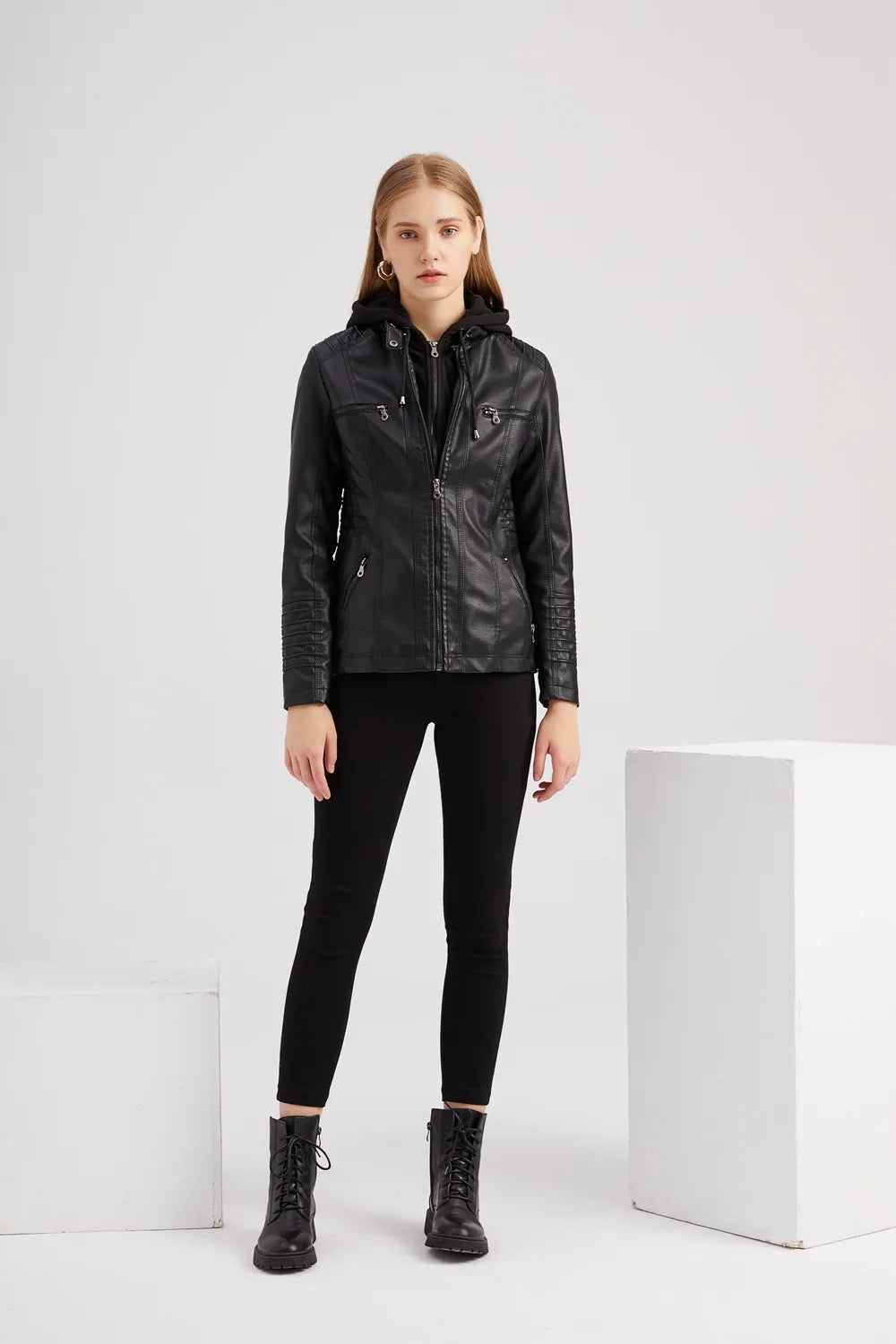 Veste en cuir PU amovible à capuche pour femmes
